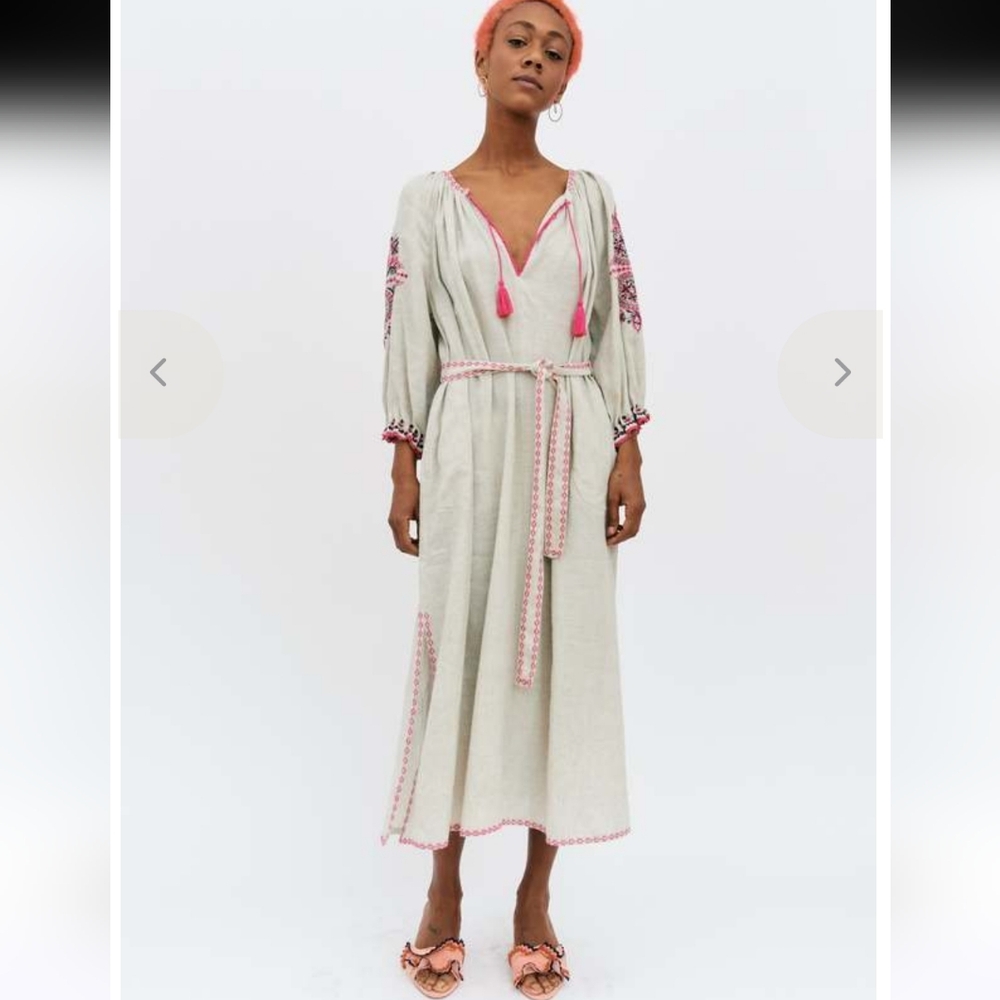 Ulla Johnson Cream Midi Dress with Pink Embroidery